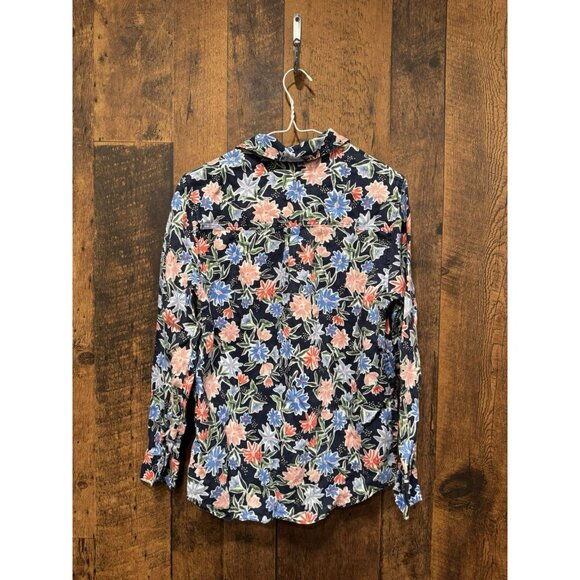 M&S Pure Linen Navy Blue Pink Red Floral Shirt Top Size Uk 10 - Picture 3 of 5